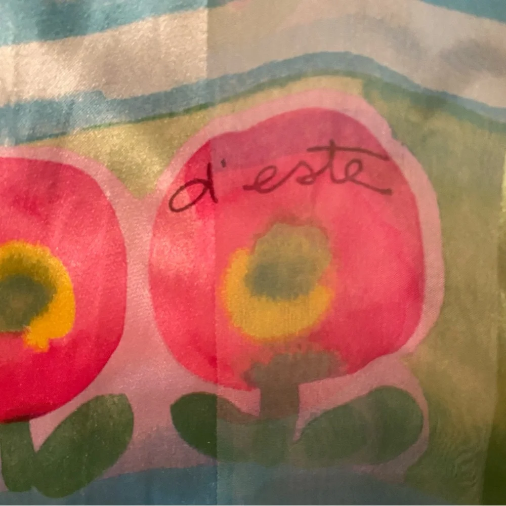 D’ESTE SCARF SILK ITALY BLUE PINK YELLOW GREEN FLORAL LONG RECTANGLE